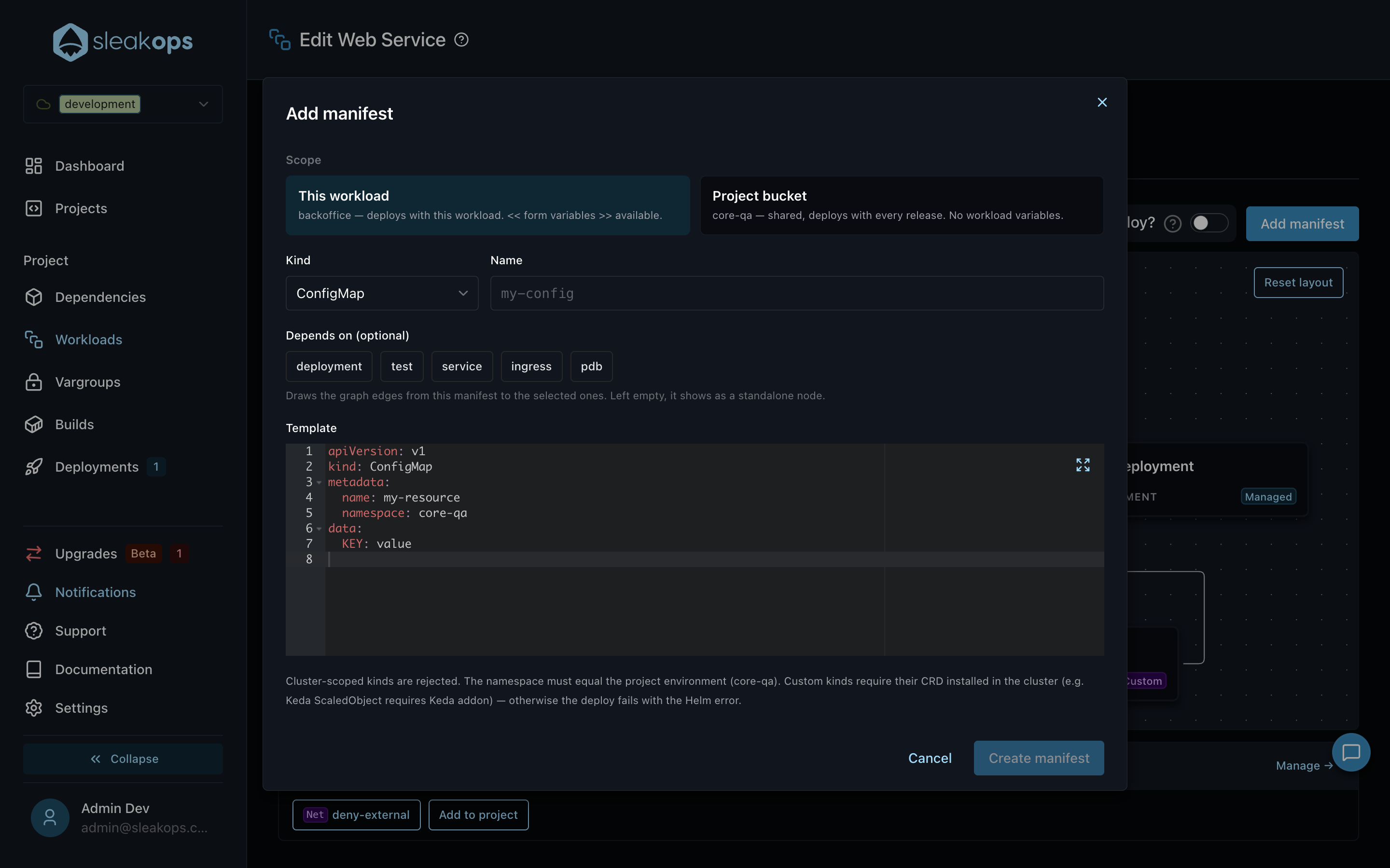 Add manifest modal with scope, kind and template