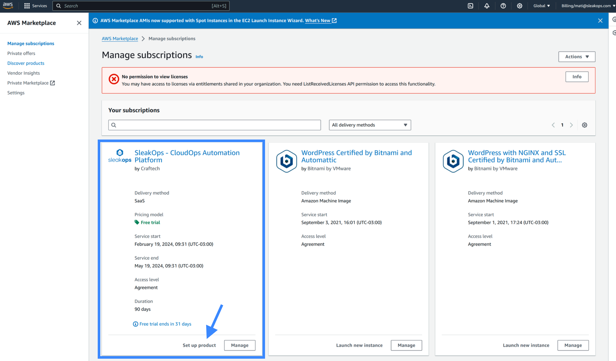 AWS Manage Subscriptions page showing SleakOps