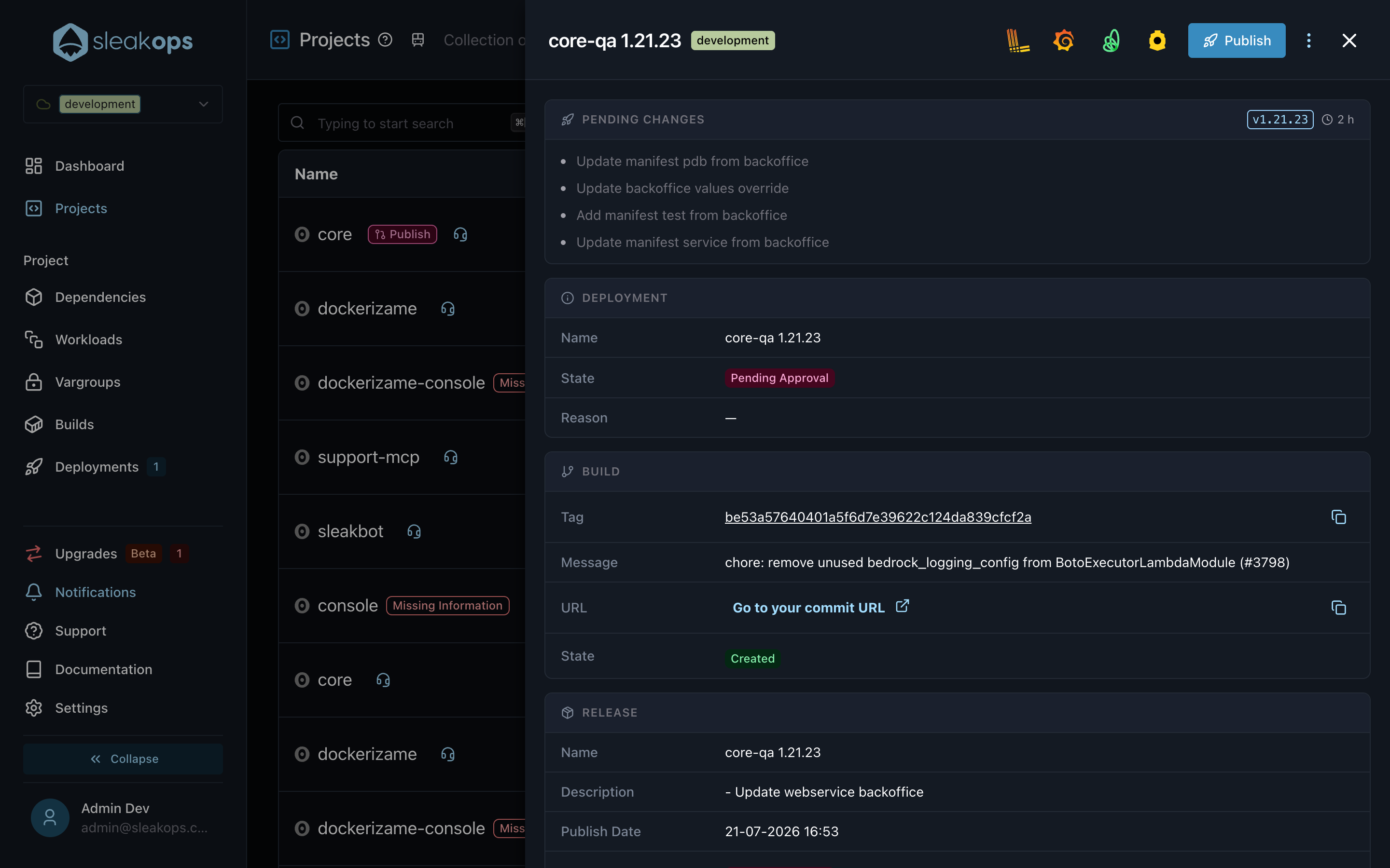 Deployment detail with the Pending Changes section and the Publish button
