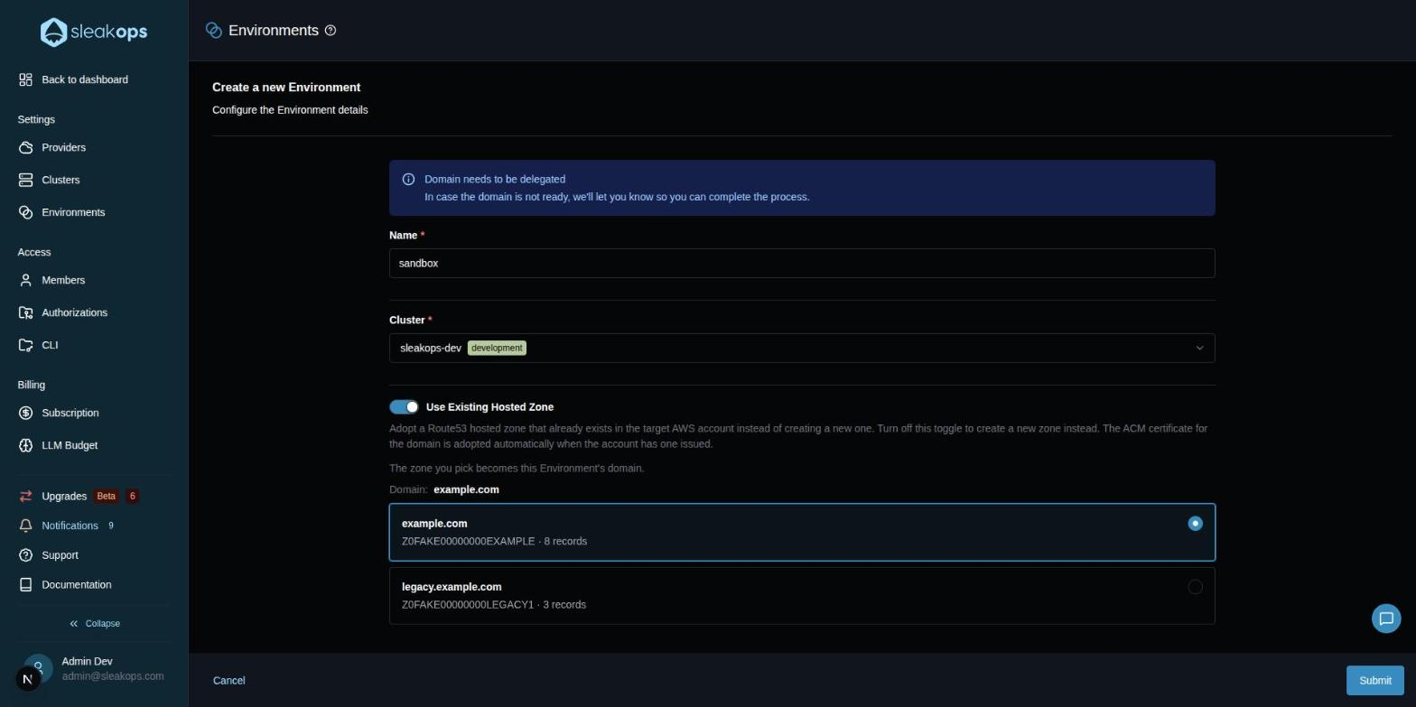 Environment creation form with the Use Existing Hosted Zone toggle on, listing the hosted zones found in the account with one selected
