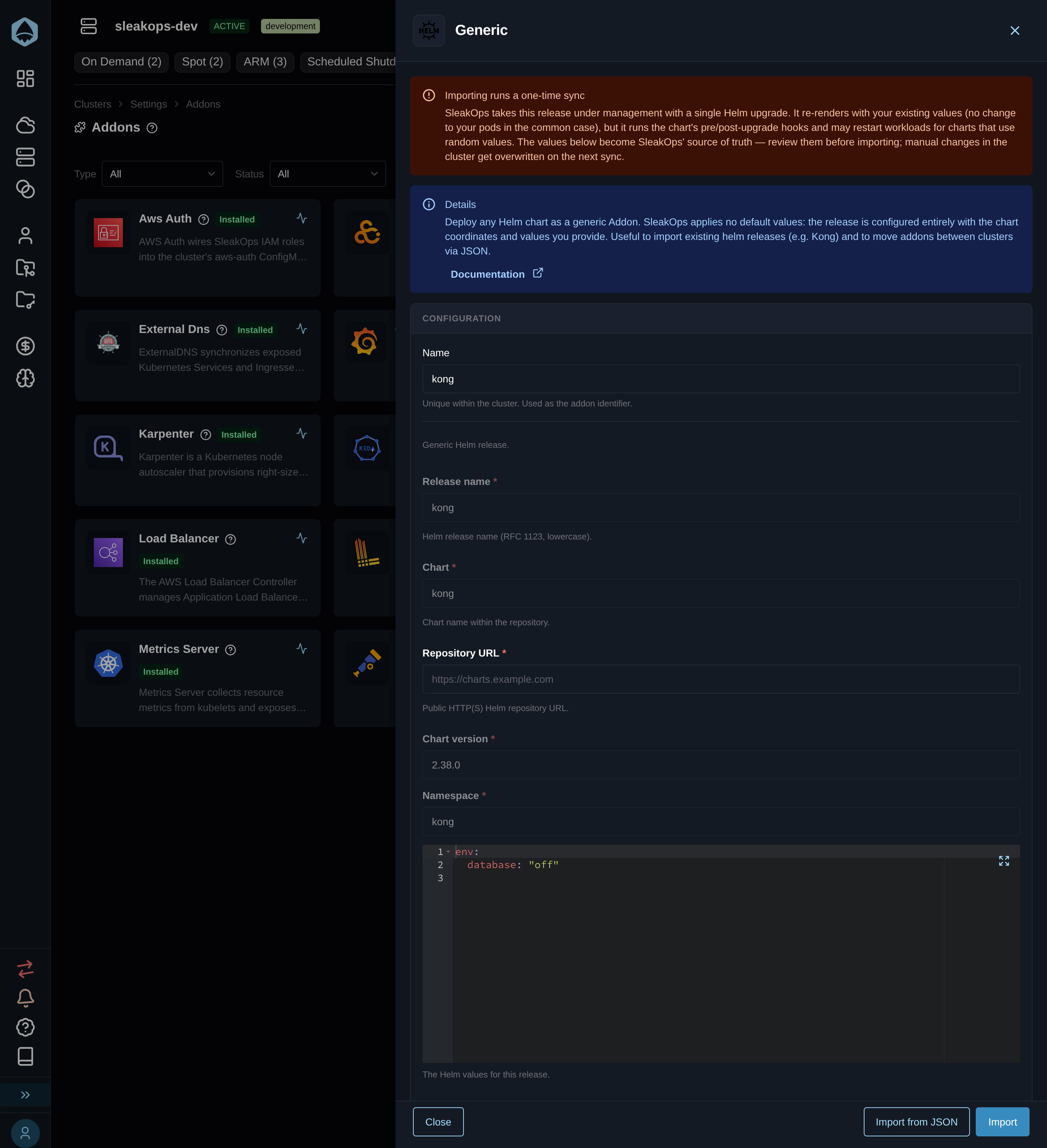 Generic addon form pre-filled from a discovered release, with release name, chart, version and namespace locked and Repository URL left blank