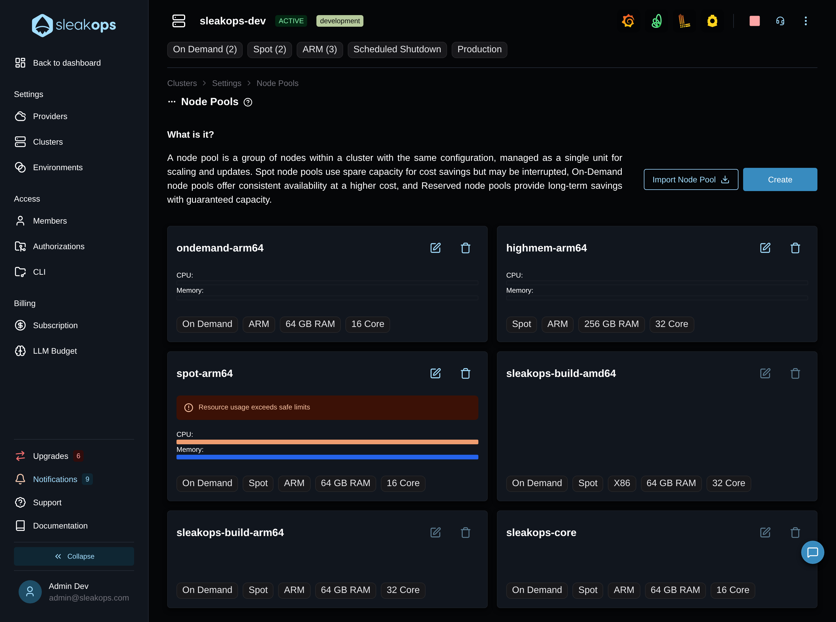 Node Pools section of a cluster, with the Import Node Pool button next to Create