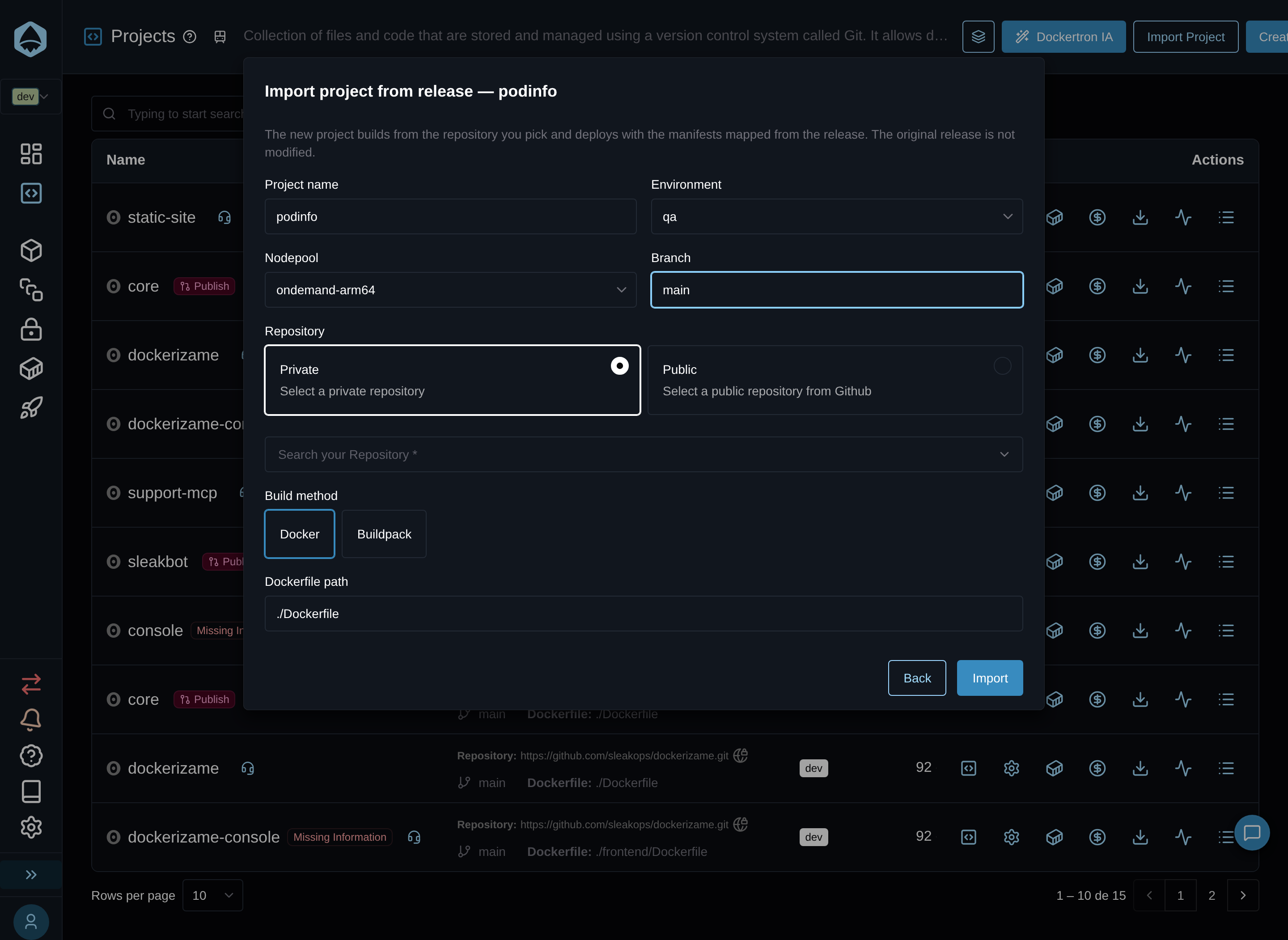 Details step with project name, environment, nodepool, branch and build method filled in
