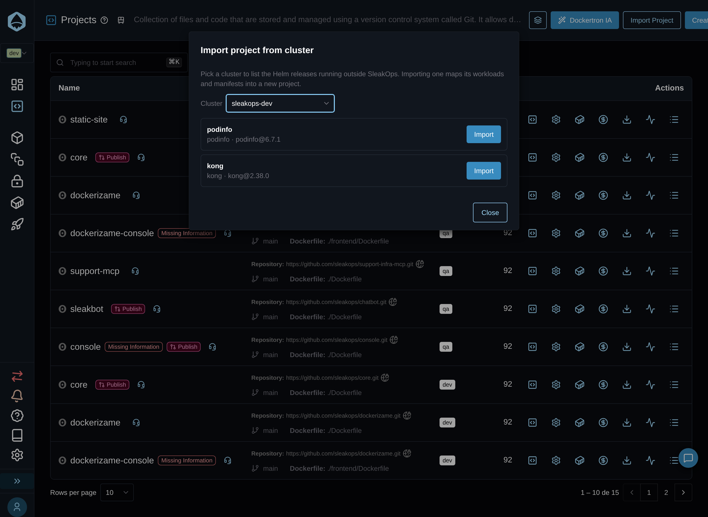 Import project from cluster dialog listing unmanaged Helm releases