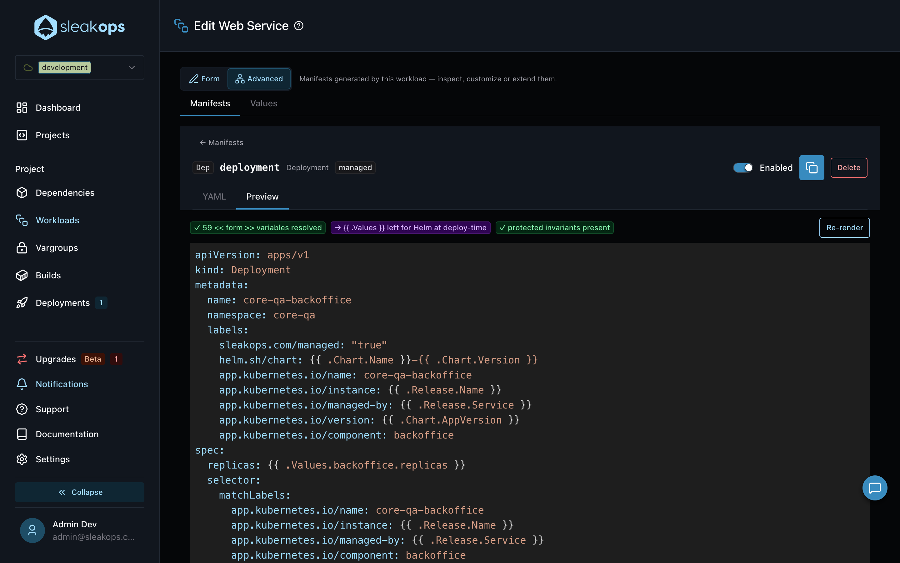 Manifest editor Preview tab with the rendered template