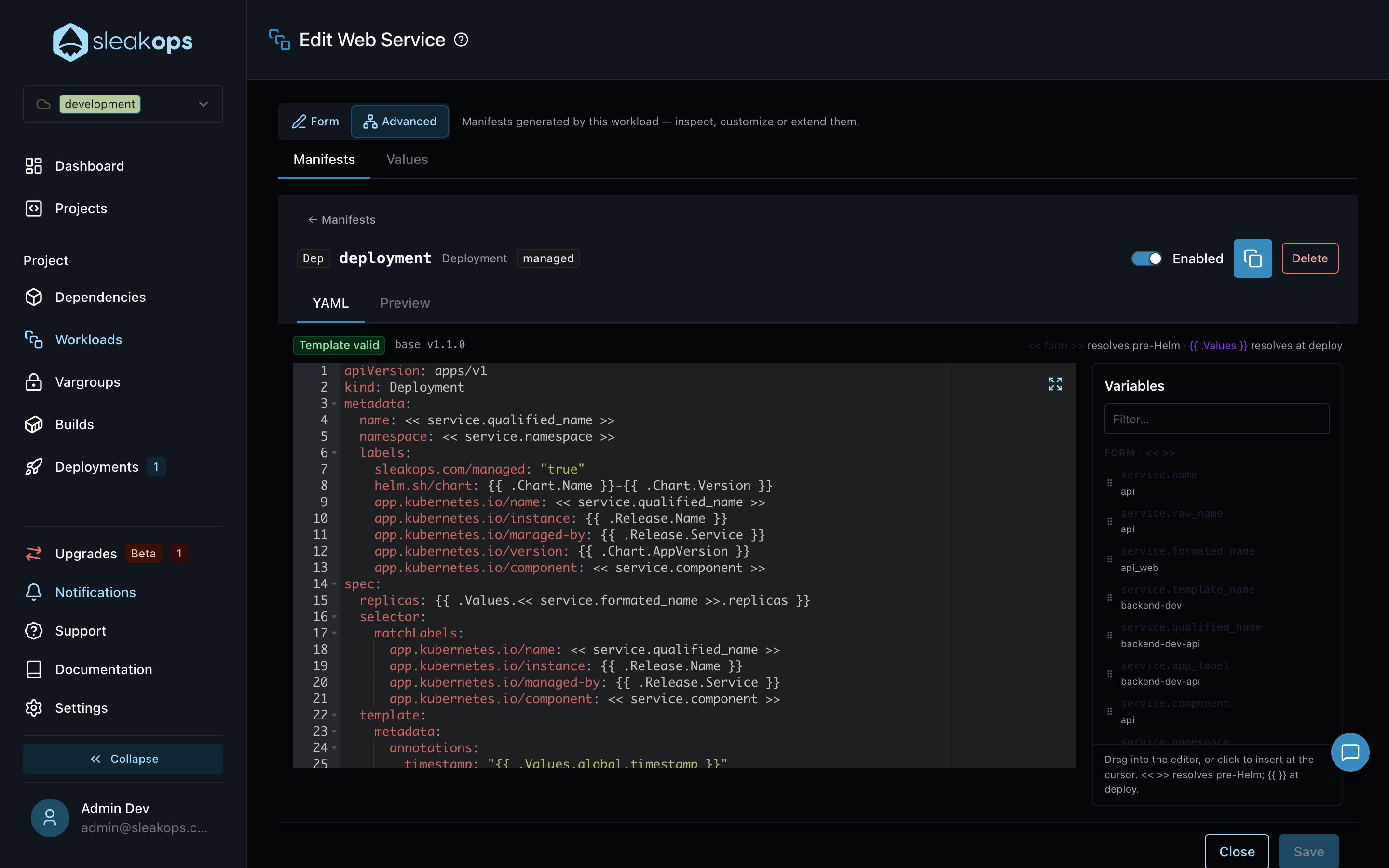 Manifest editor YAML tab with the variables panel