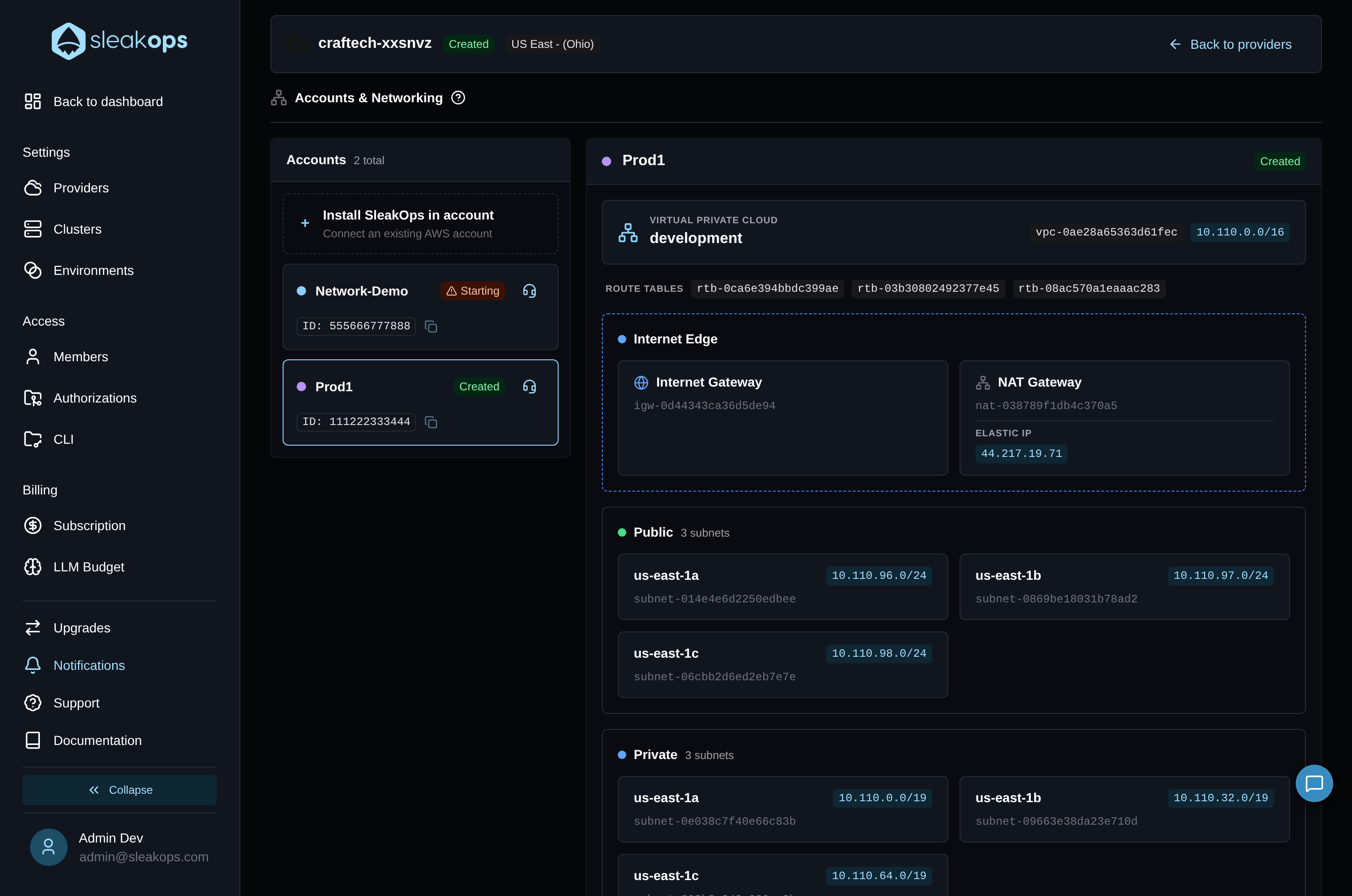 Network explorer showing the VPC, route tables, Internet Edge and subnet groups for a configured account