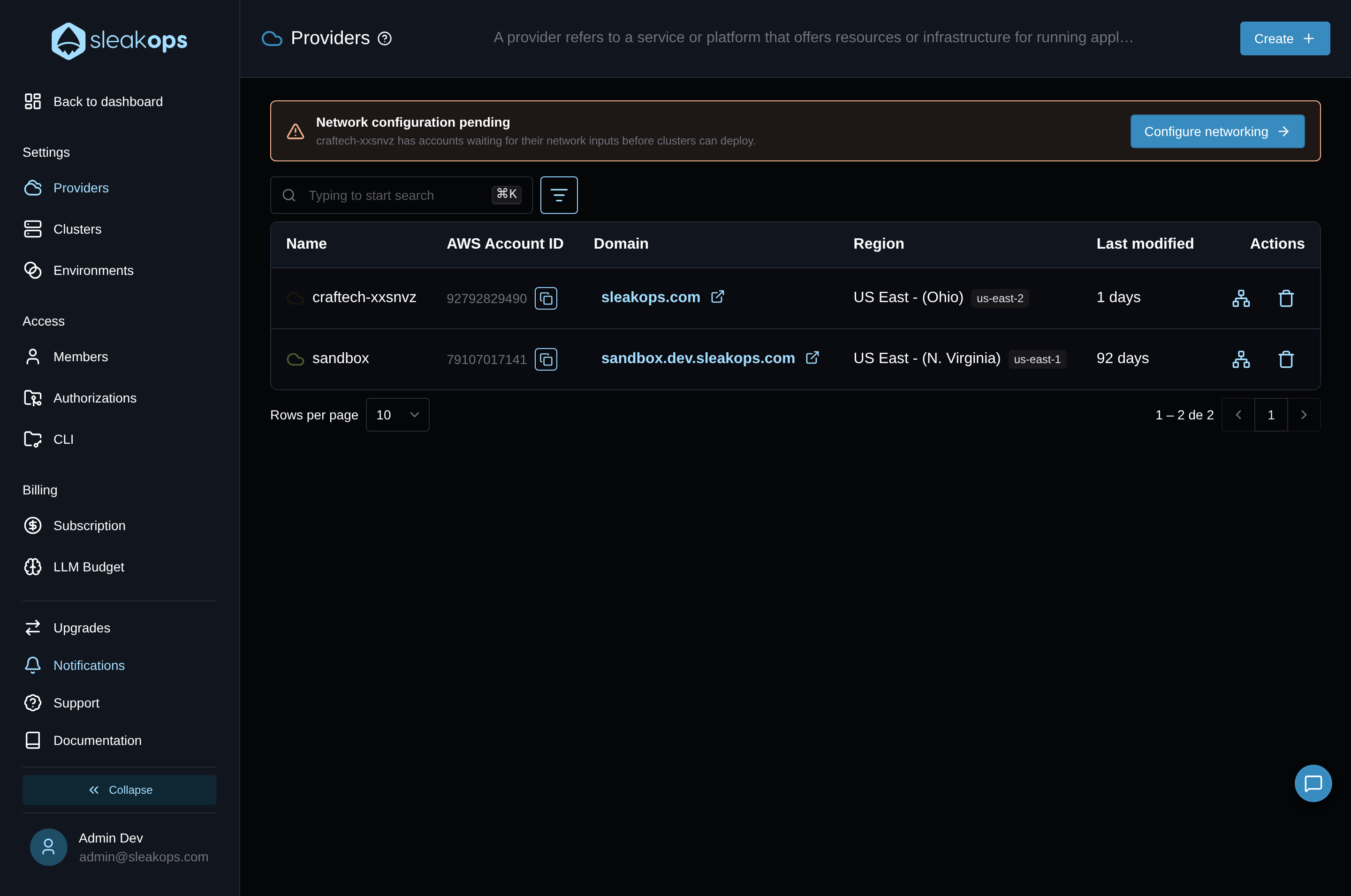 Providers list showing the Network configuration pending banner with the Configure networking button