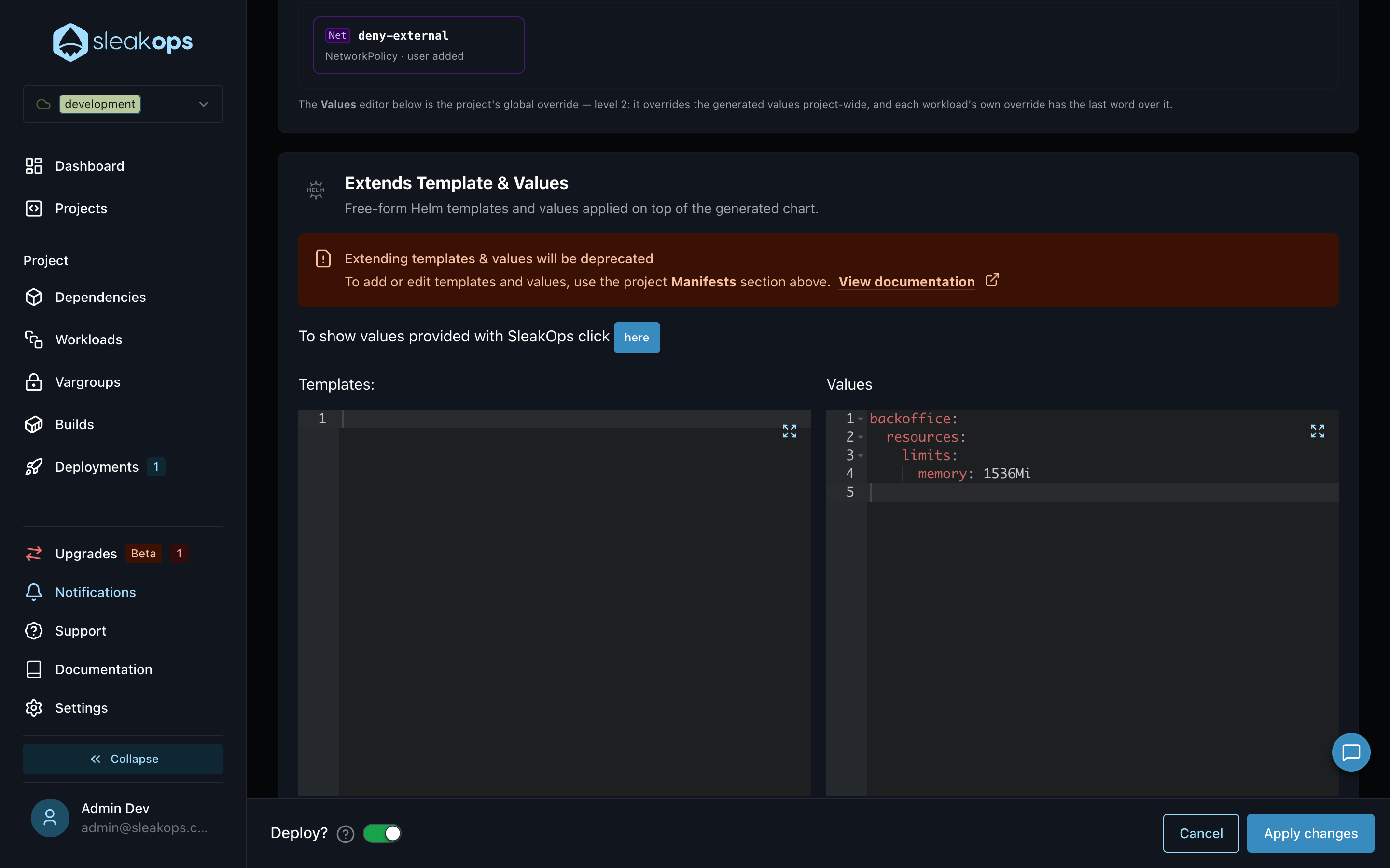 Project global values editor in Chart Configuration