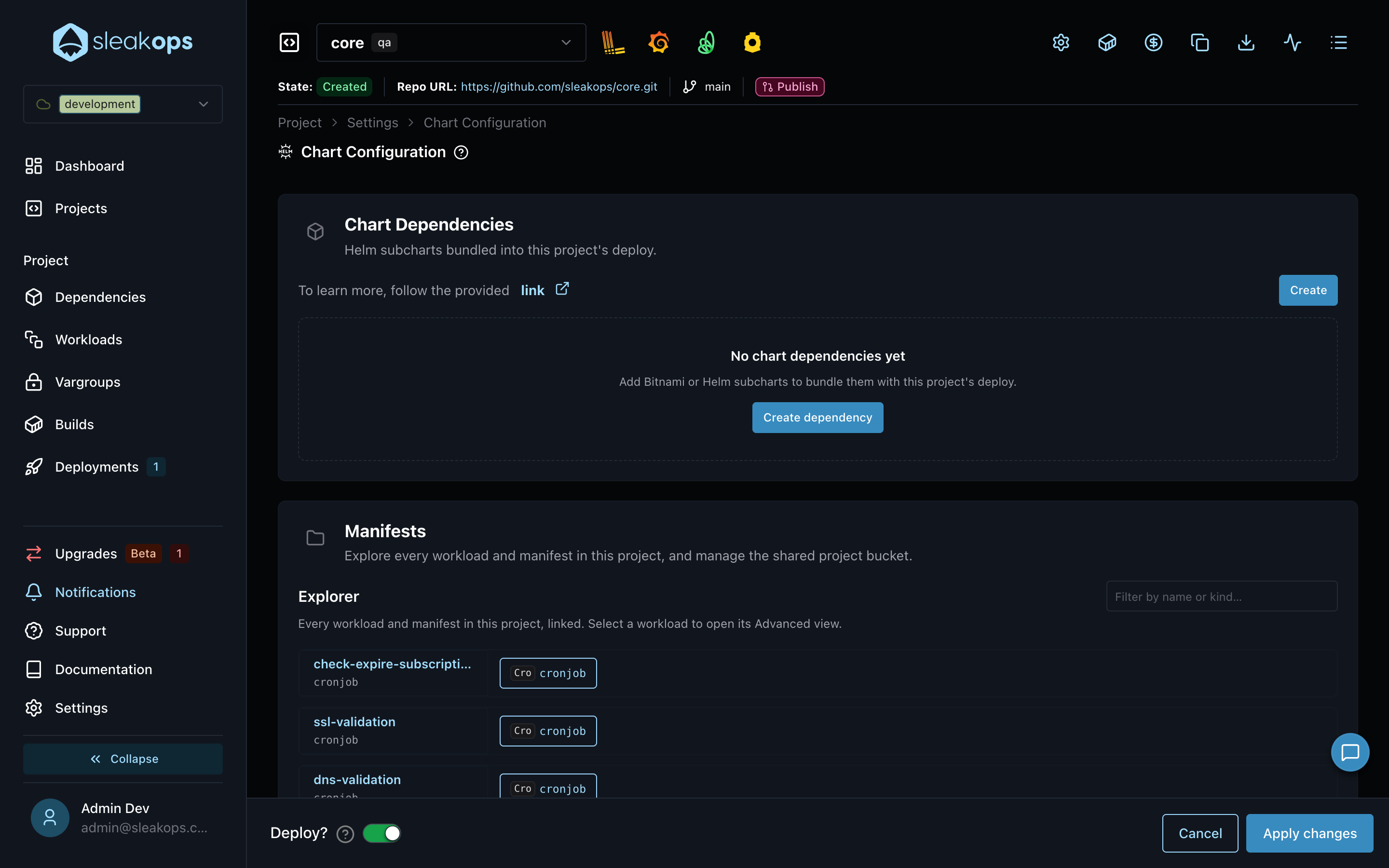 Chart Configuration page with the Manifests section