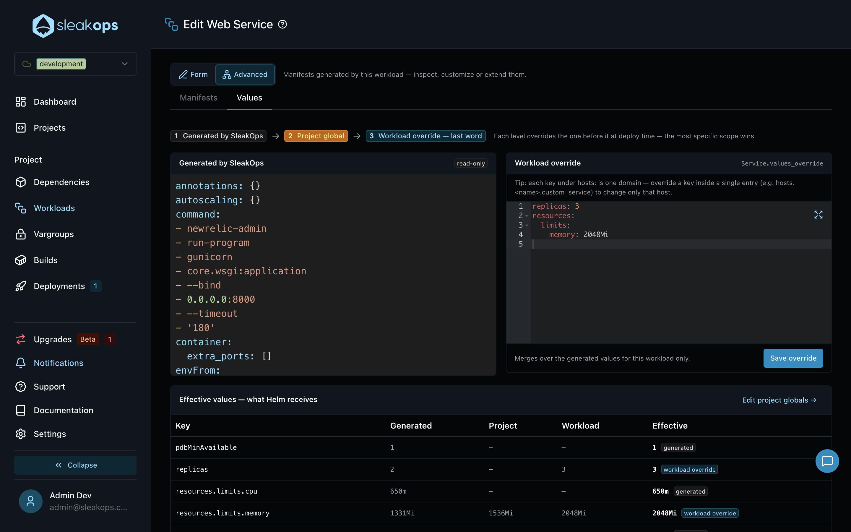 Workload Values tab with the generated values and the workload override
