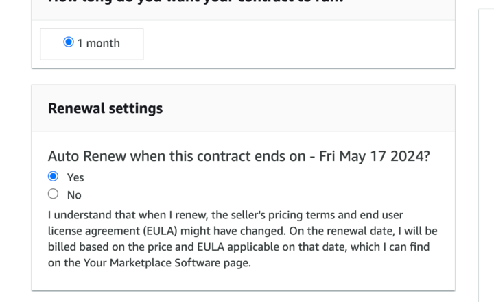 AWS renewal settings - 1 month with Auto Renew enabled