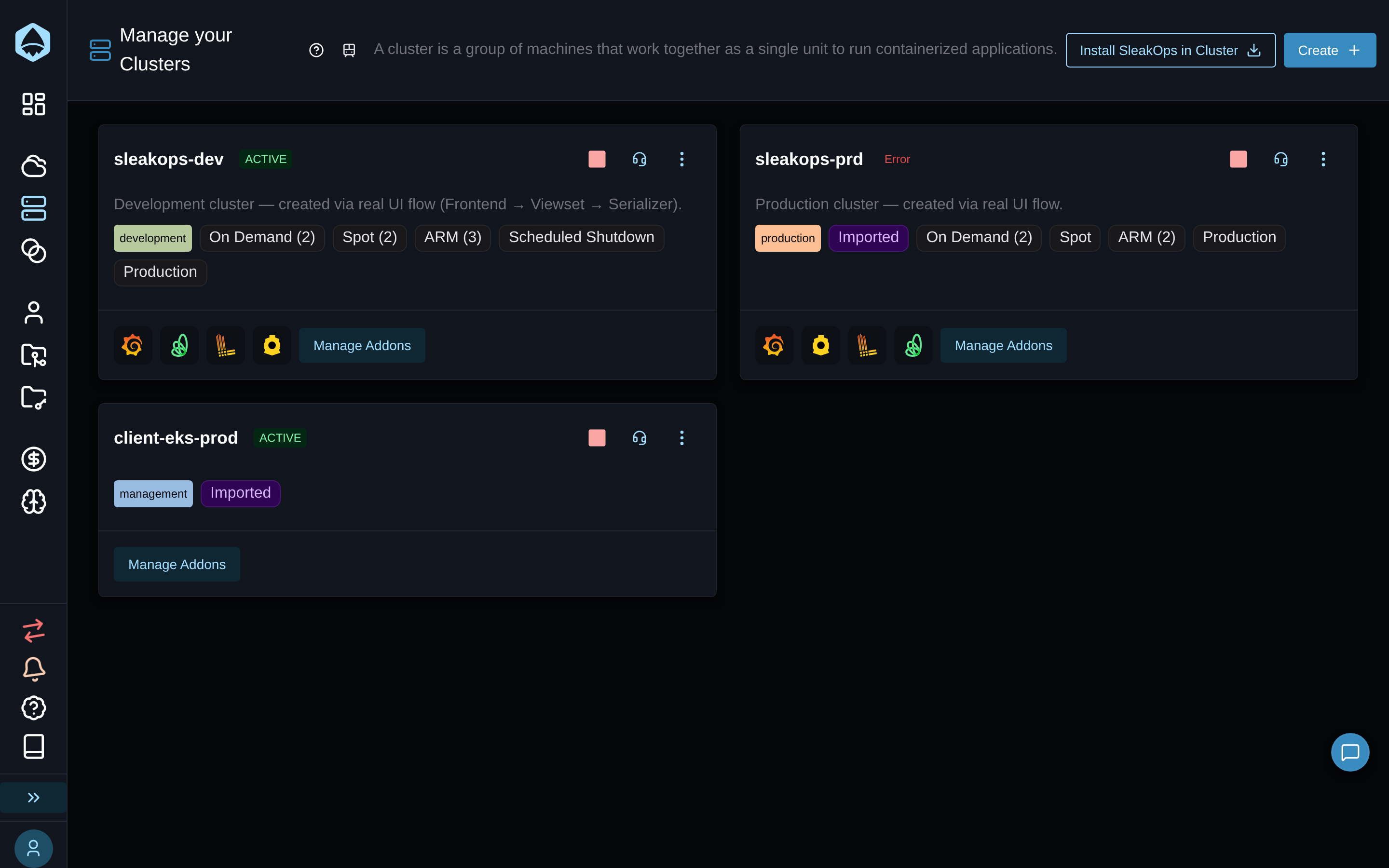 Lista de clusters mostrando un clúster importado con la etiqueta Imported y su tooltip
