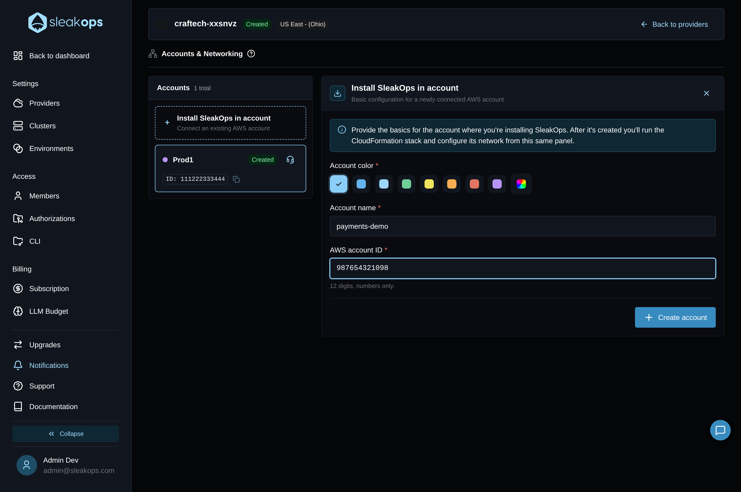 Formulario de importación de cuenta con color, nombre y AWS account ID completos