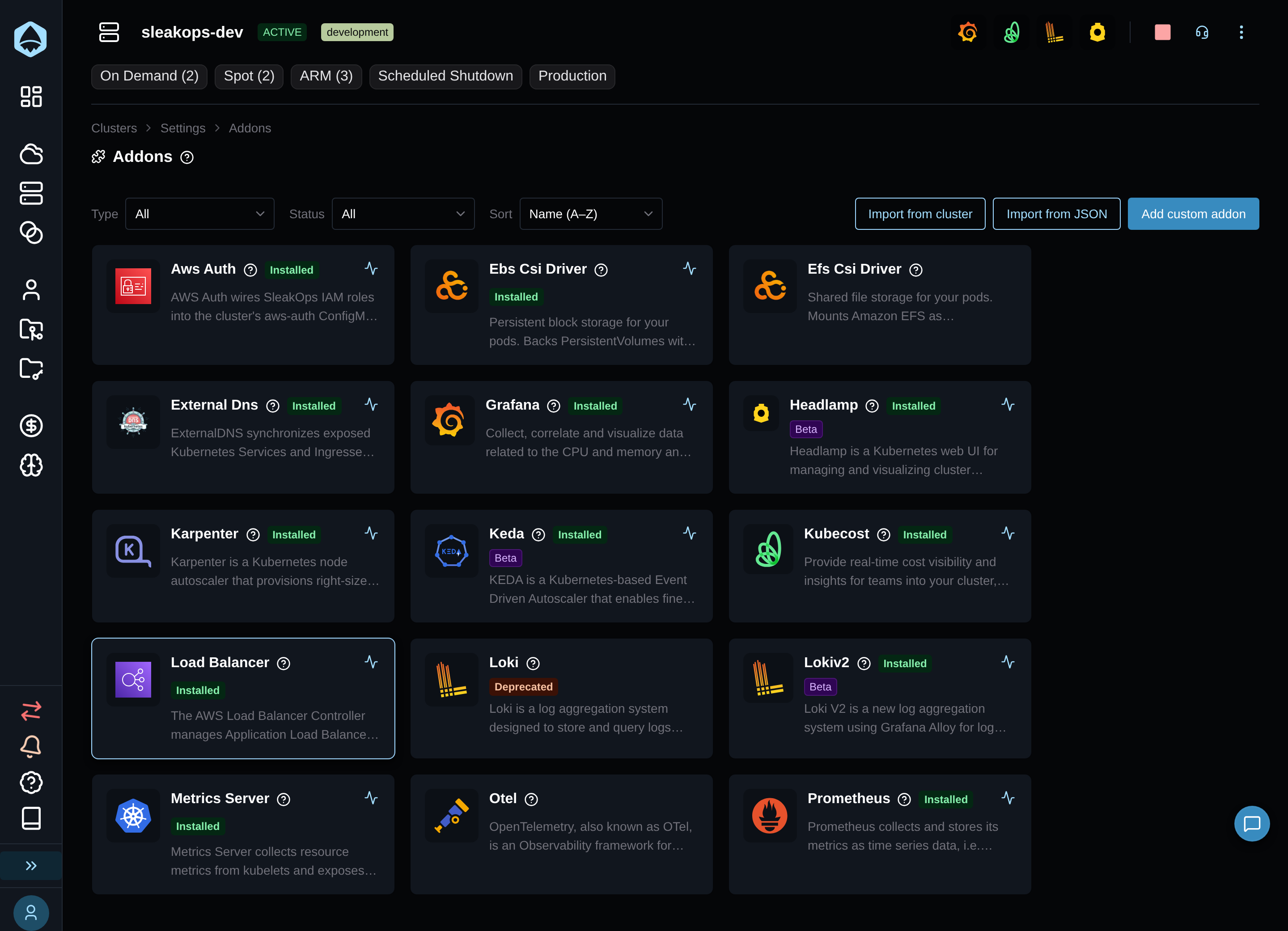 Listado de Addons mostrando Import from cluster e Import from JSON junto a Add custom addon