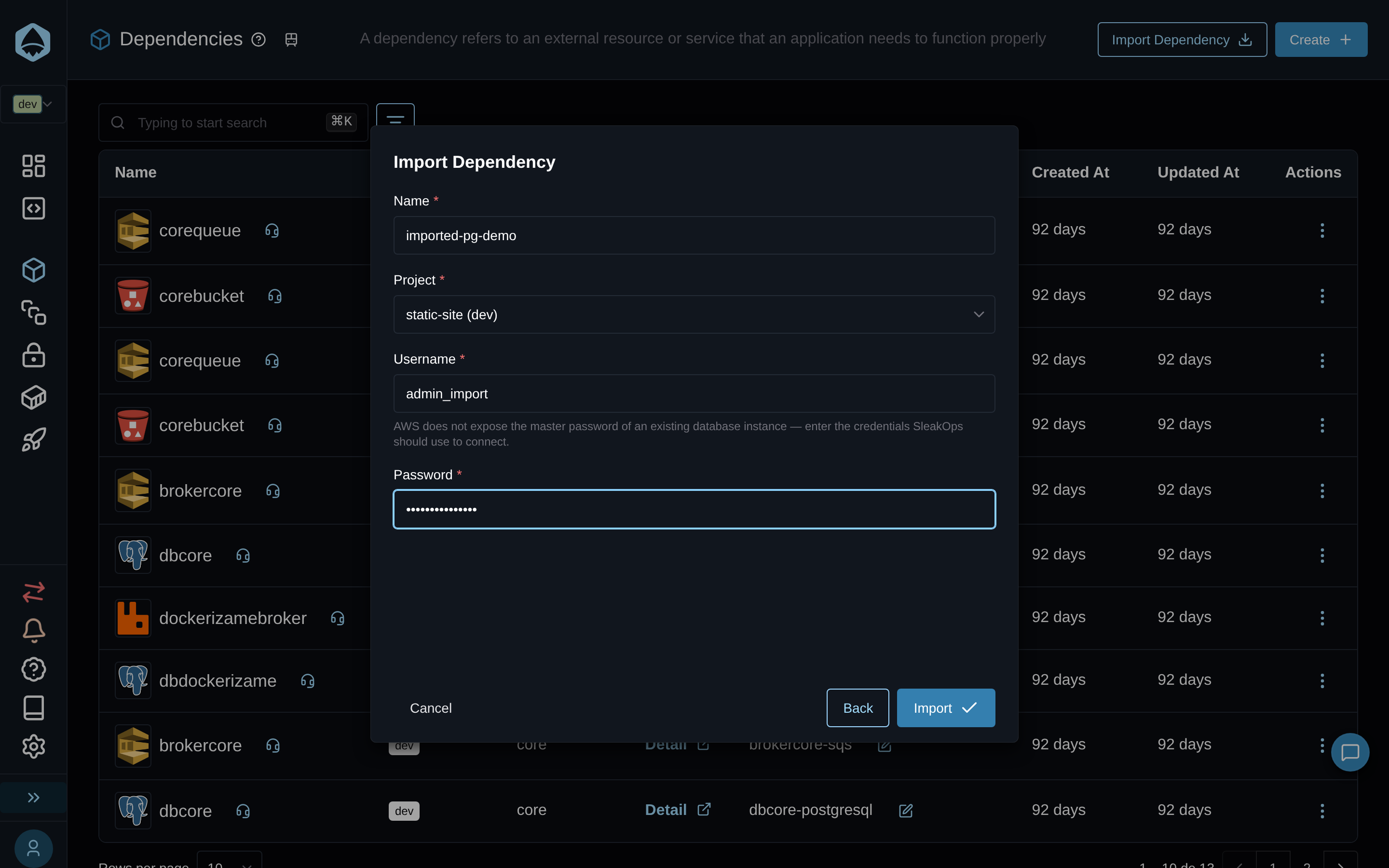 Paso de nombre, proyecto y credenciales completo para un recurso PostgreSQL