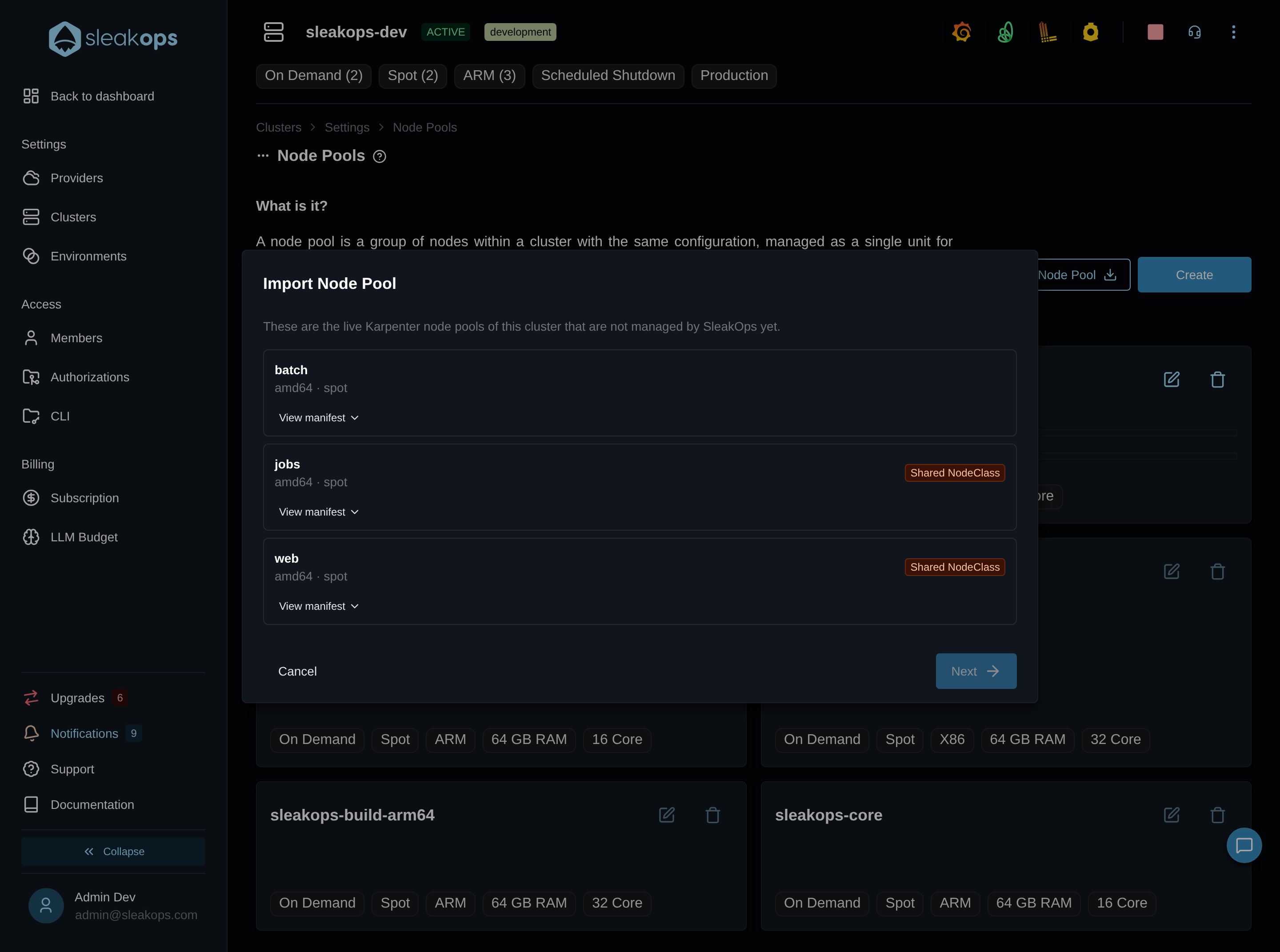 Diálogo Import Node Pool mostrando los node pools de Karpenter descubiertos y sin gestionar del clúster
