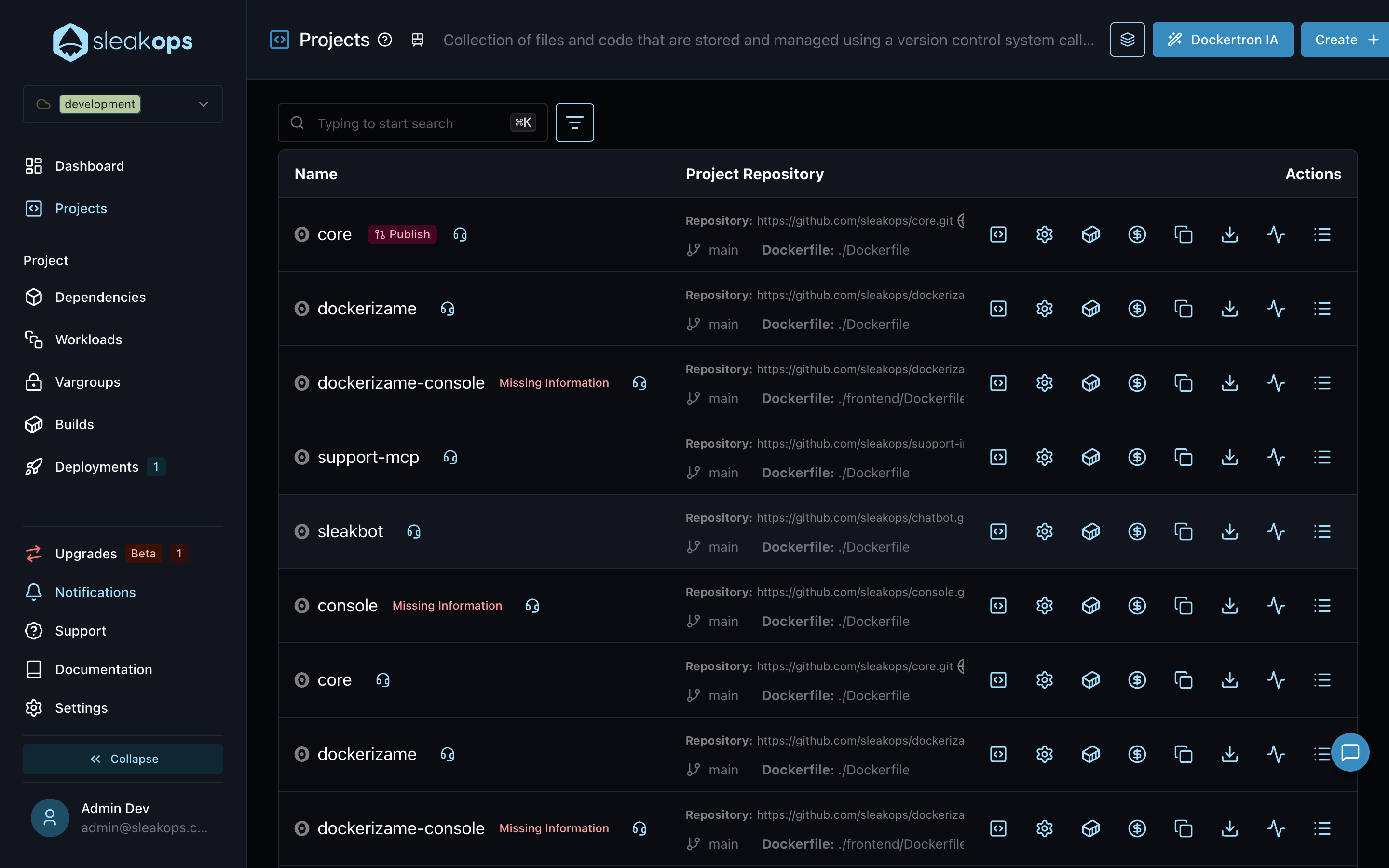 Lista de Projects con el badge Publish en un entorno con cambios pendientes