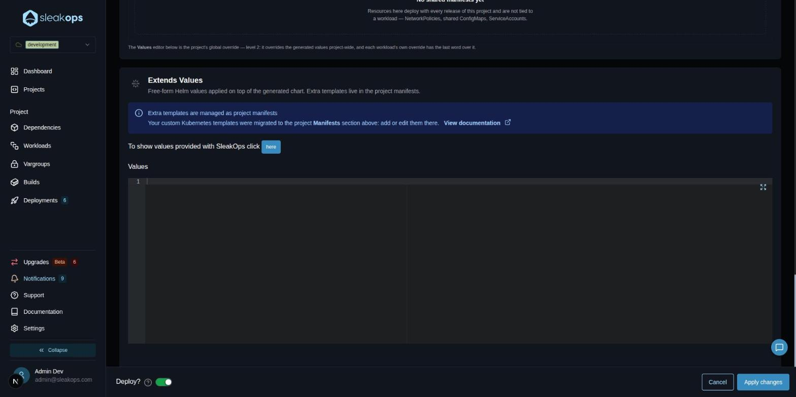 Editor de values globales del proyecto en la sección Extends Values de Chart Configuration