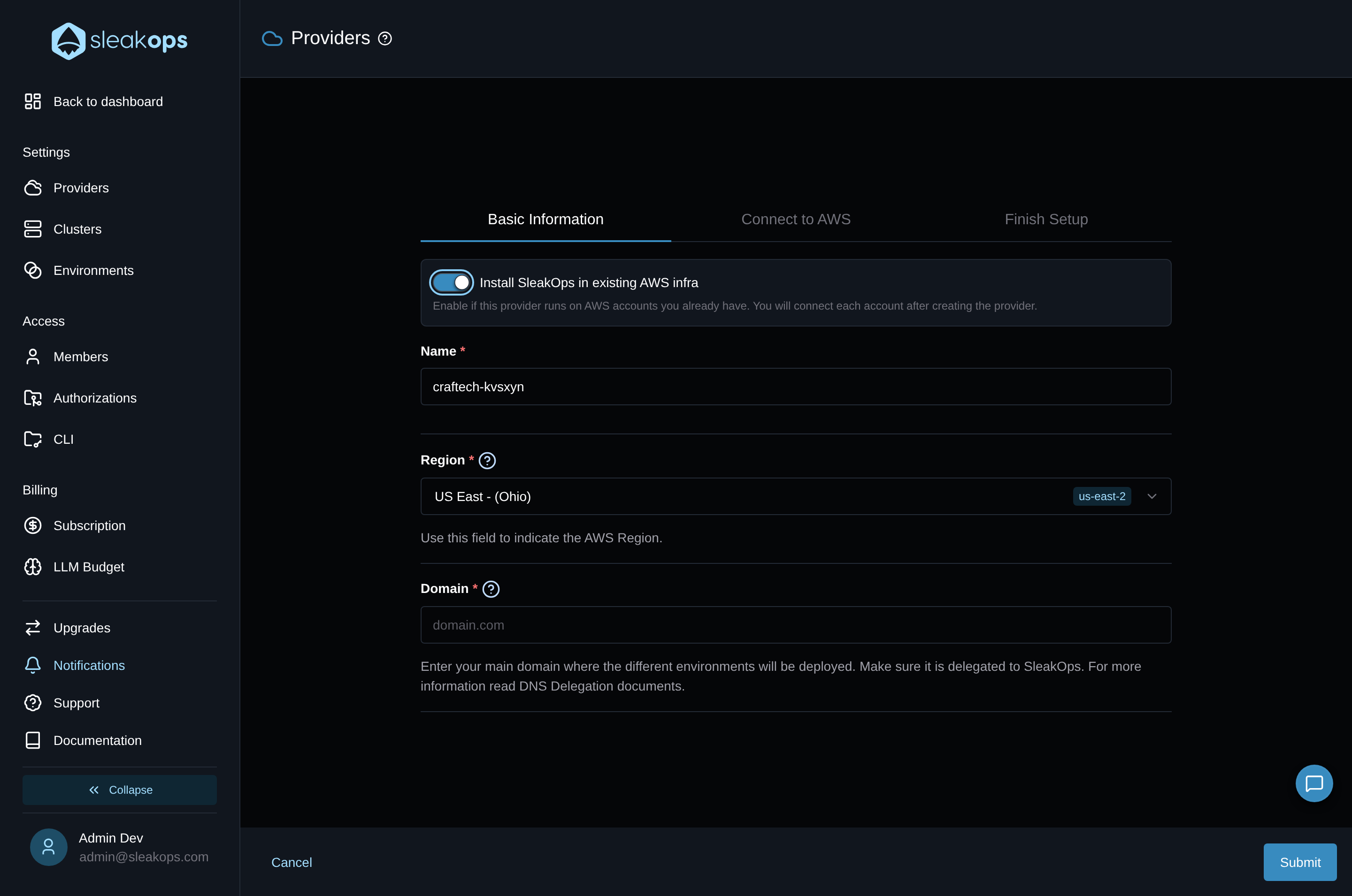 Pestaña Basic Information con el toggle Install SleakOps in existing AWS infra activado