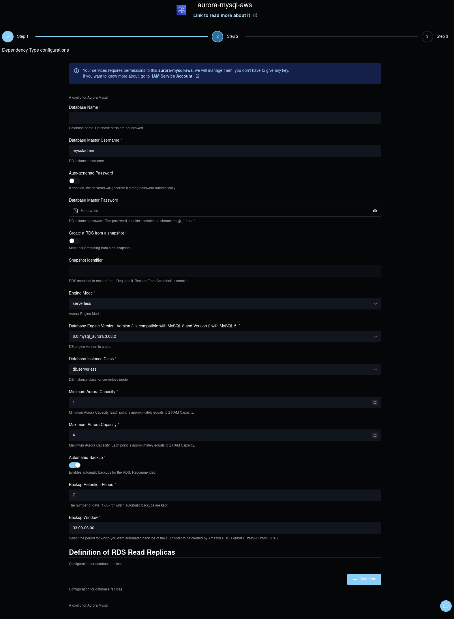 Aurora MySQL create form