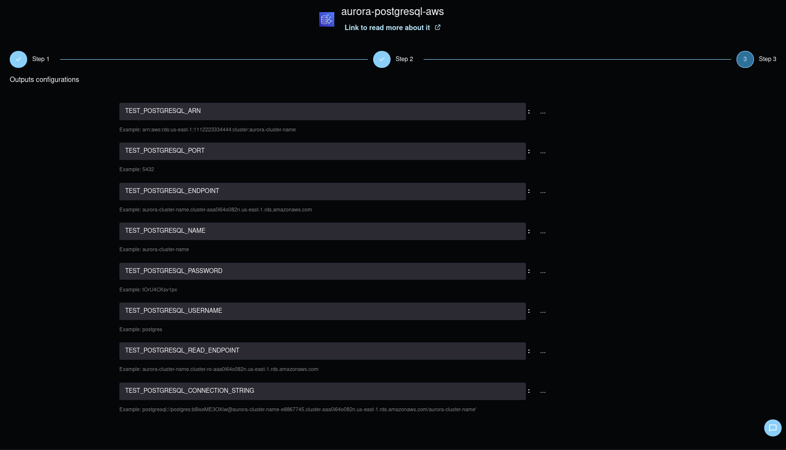 Aurora PostgreSQL create outputs