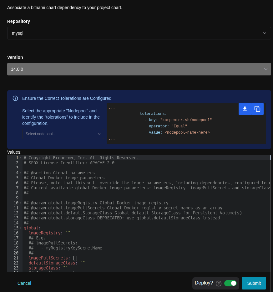 Formulario de configuración de dependencias de chart