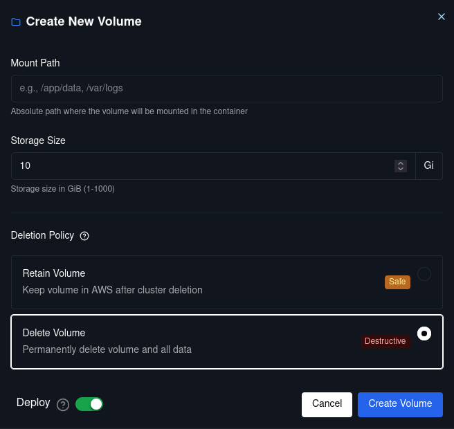 new volume modal