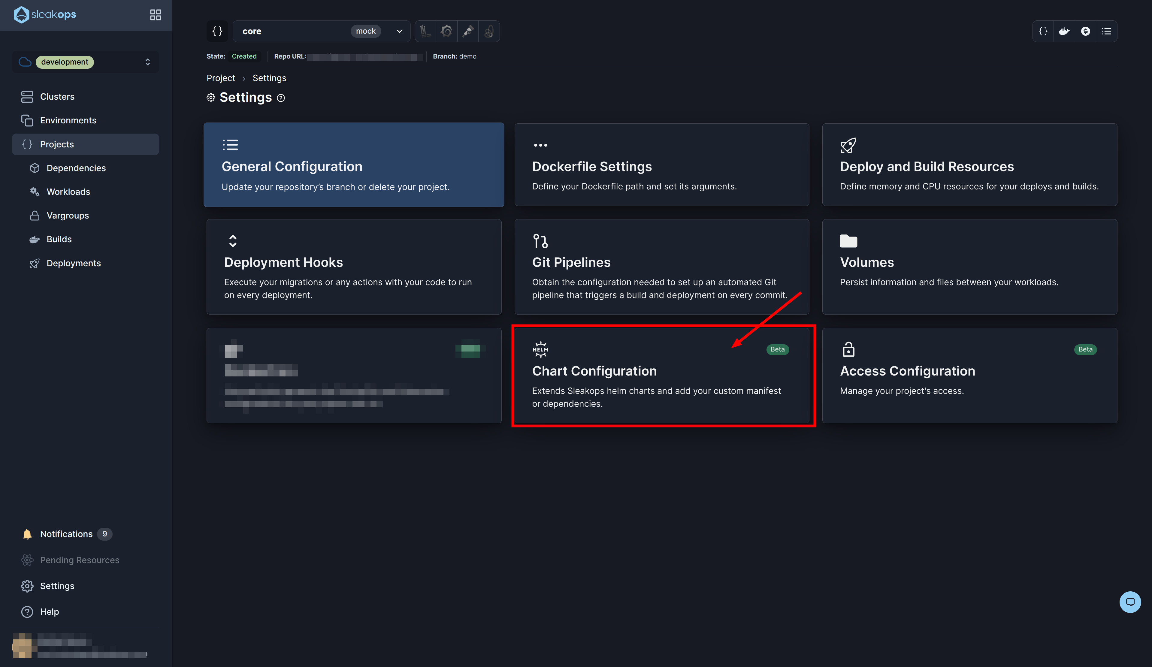 Pantalla de Chart Configuration en SleakOps