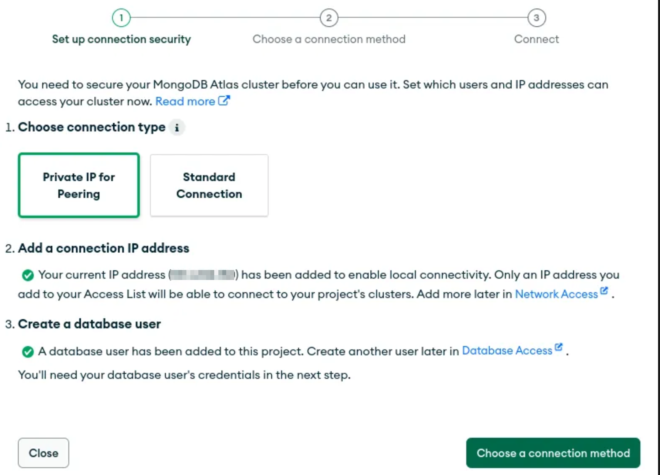 MongoDB Atlas connection modal showing Private IP for Peering option