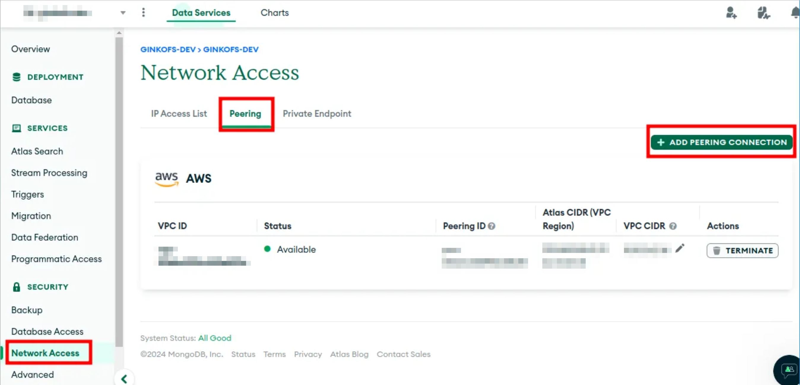MongoDB Atlas Network Access Peering tab