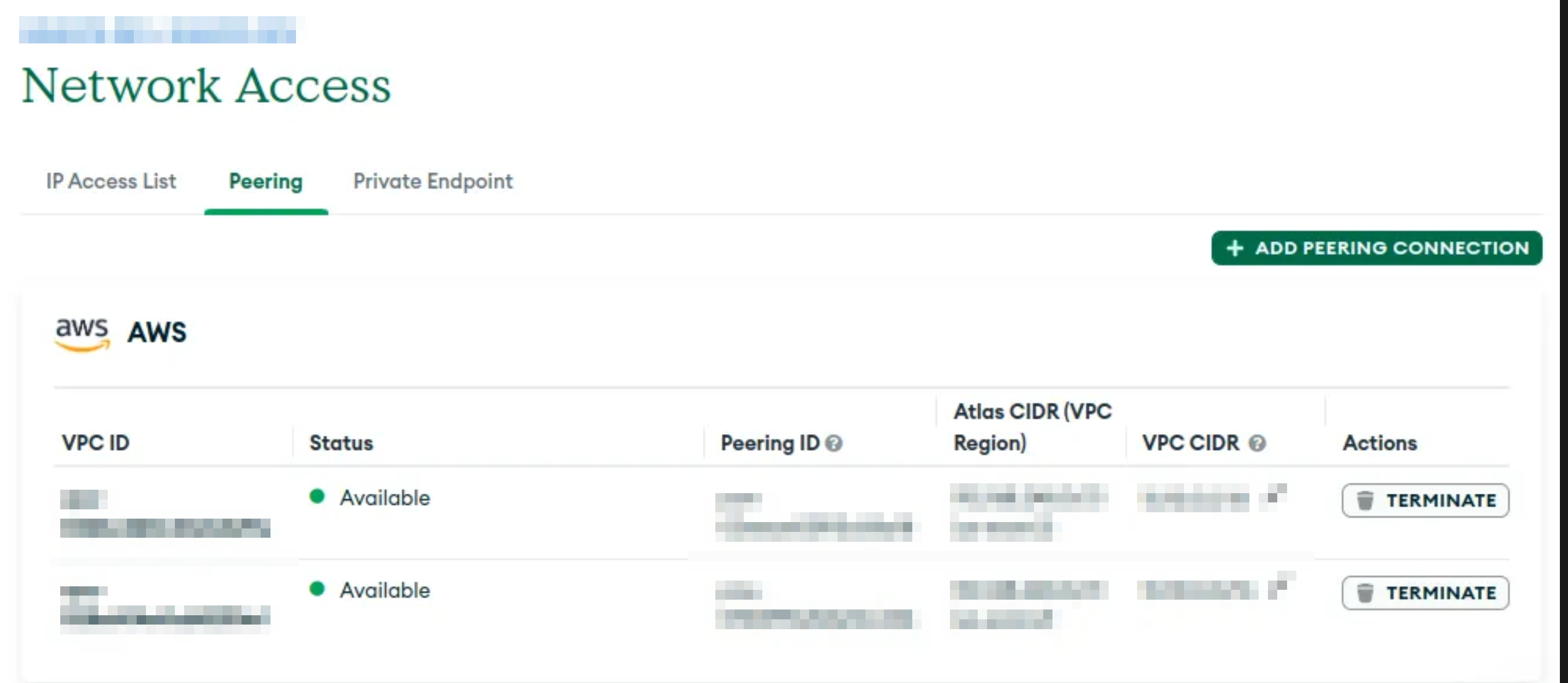 MongoDB Atlas peering connection status Available