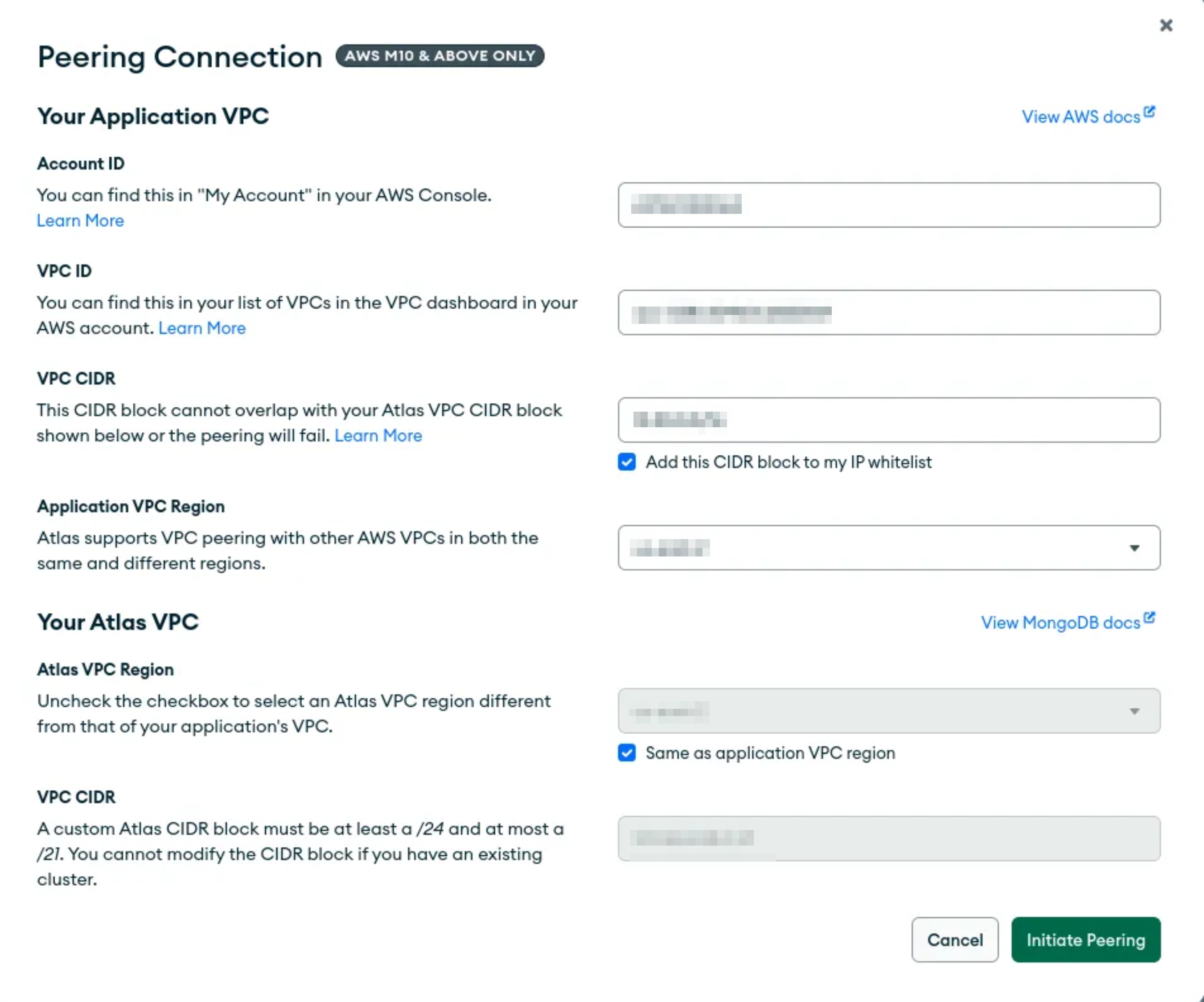 MongoDB Atlas peering form with AWS account details