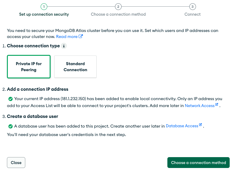 MongoDB Atlas private peering connection string