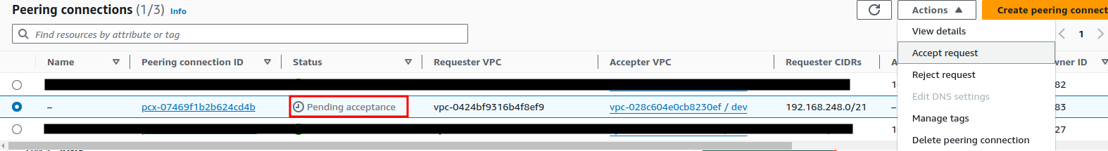 AWS VPC peering request accepted confirmation