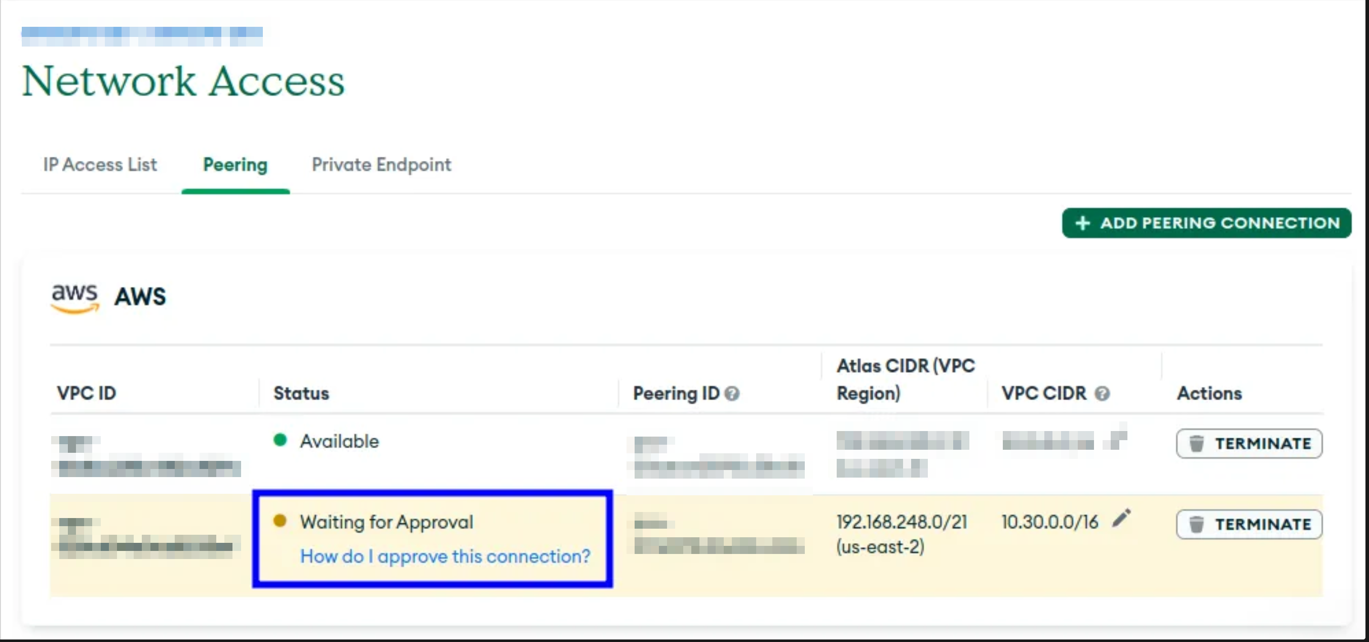 AWS VPC Peering connections list with pending request