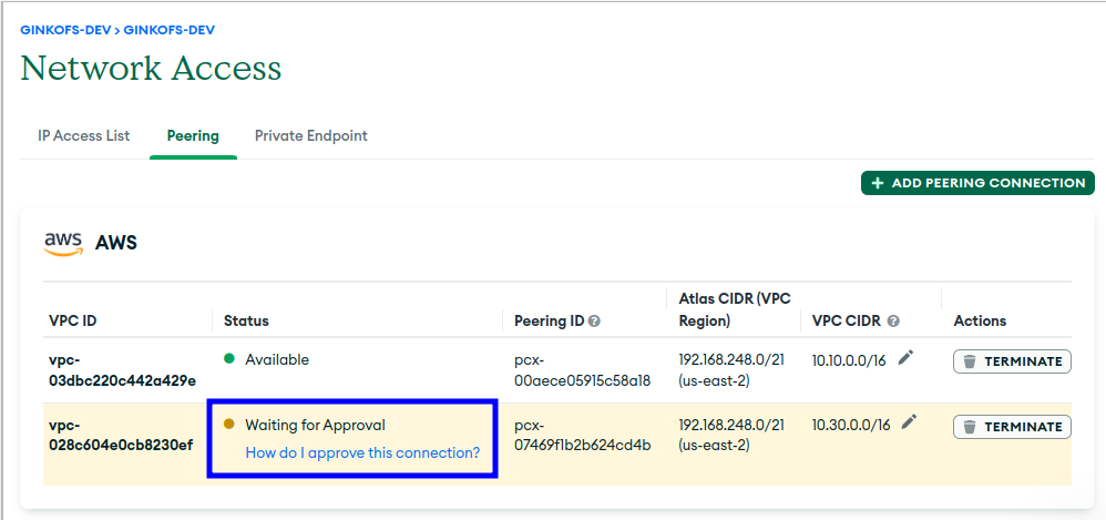 AWS VPC Peering pending request details