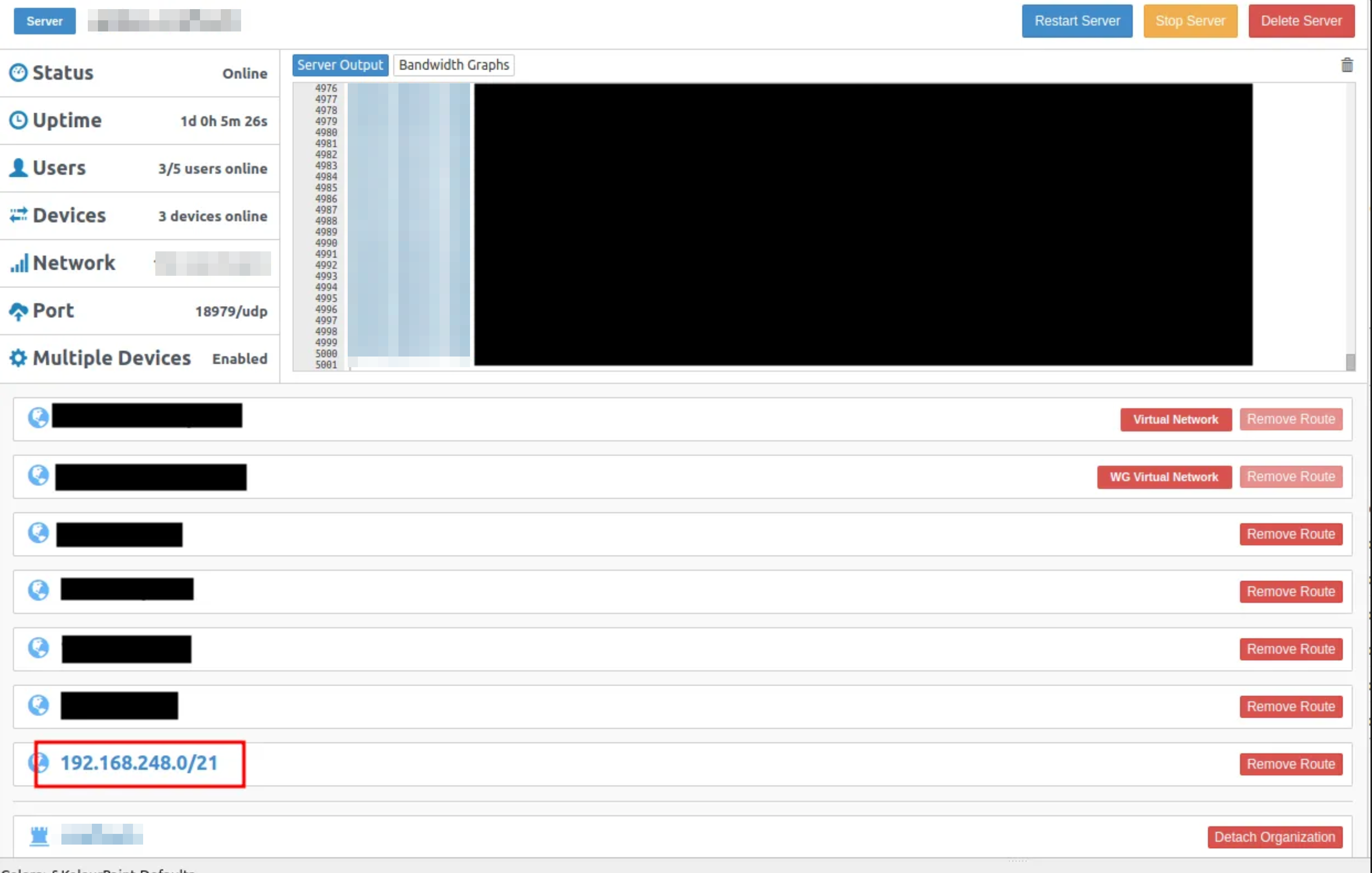 Pritunl server settings showing Atlas CIDR route configuration