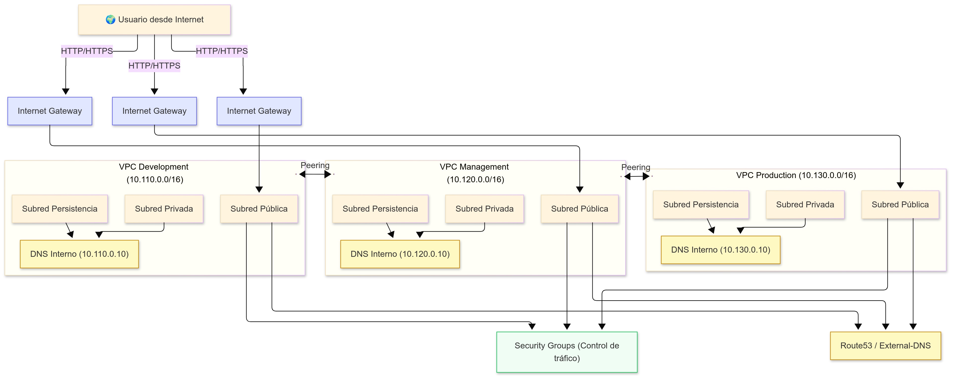 Arquitectura de red de SleakOps — VPCs, subredes, Internet Gateway y flujo de tráfico