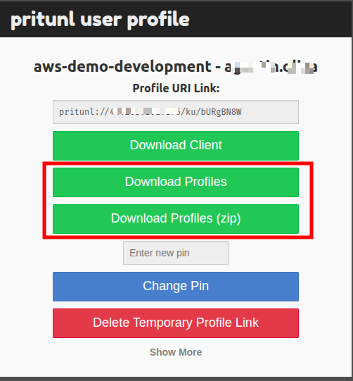 Pritunl download page showing Download Profiles options