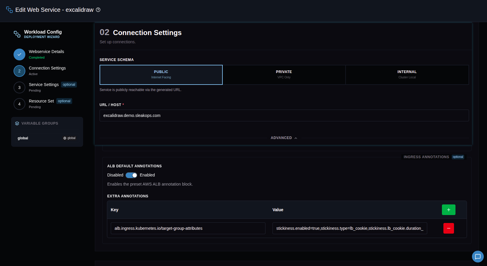 Connection Settings step of the Web Service form with the Advanced section expanded, showing the Ingress Annotations block